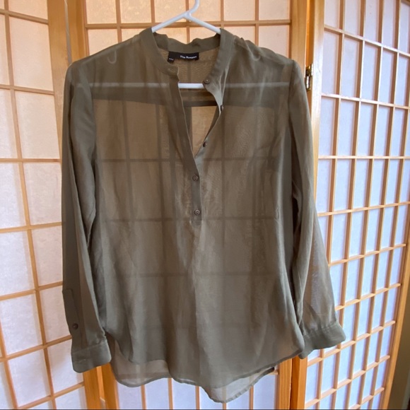 The Kooples Sheer Long Sleeve Silk Blend Shirt for in Khaki, XXS - Picture 3 of 9
